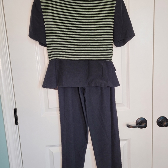 JSJ Petites Vintage 90s Career Suit Size 4P Navy Blue Green Stripes Made in USA - Picture 2 of 8